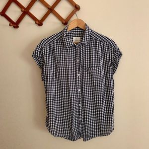 American Eagle Navy Gingham Short-Sleeved Blouse
